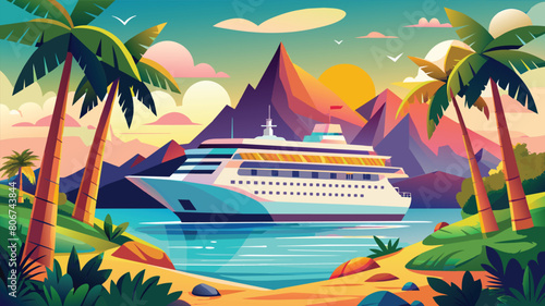 Cruise ship docked at a tropical paradise, vector cartoon illustration.