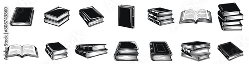 Books vector illustration. Novel, literature, encyclopedia hand drawn black on white background. Silhouette for bookstore or library.