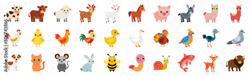 Collection of Cute Farm and domestic Animals Icons, vector flat cartoon illustration - cow, chicken, duck, goat, sheep, horse, pig, dog, cat, bee, llama, donkey.