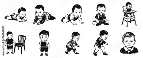 Baby boy development from infant to toddler vector illustration. Child growth stages hand drawn black on white background. Kid sitting, standing, crawling silhouette.