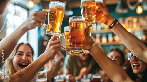 group of people cheering and drinking beer at bar pub table,generative ai