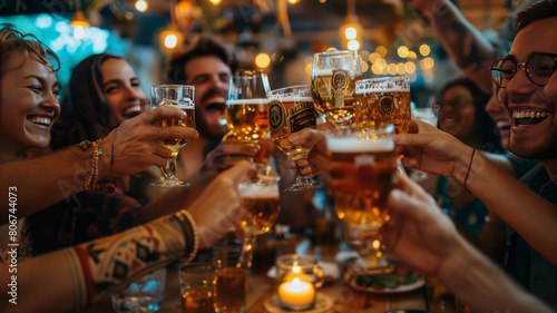 group of people cheering and drinking beer at bar pub table,generative ai