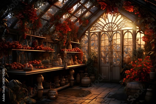 Autumn in a greenhouse. 3d render. High quality photo