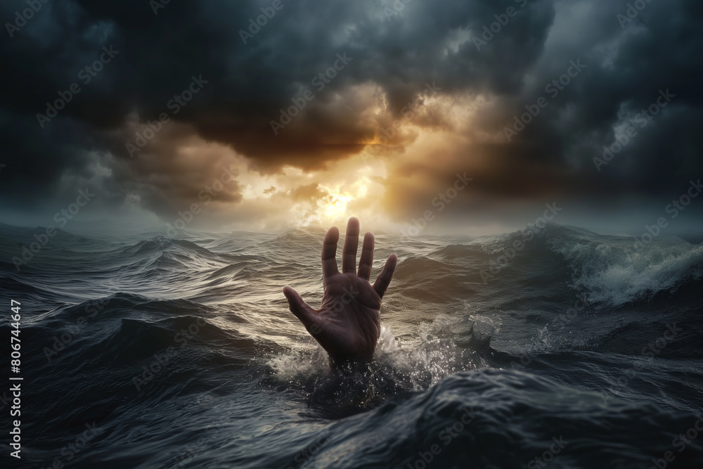 Fototapeta premium Hand rise from water of the sea at storm as drown illustration