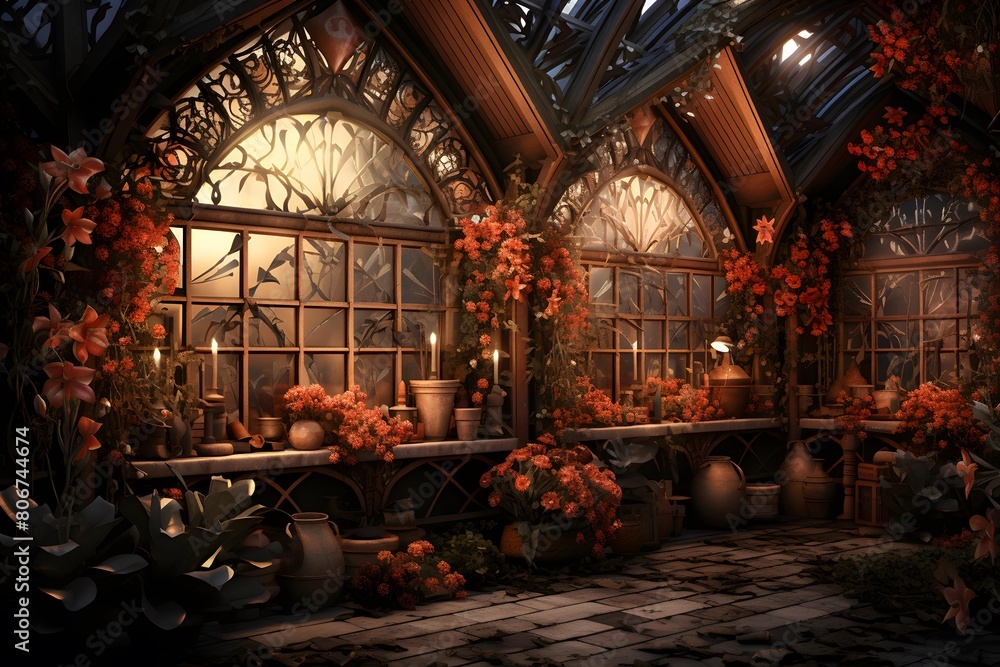3d illustration of the interior of a greenhouse decorated with flowers and candles