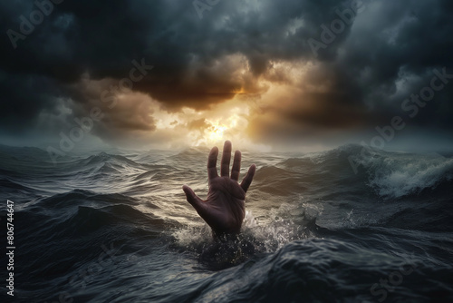 Hand rise from water of the sea at storm as drown illustration