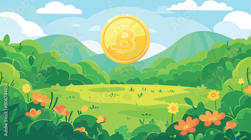 Color pixelated coin with symbol in meadow vector illustration