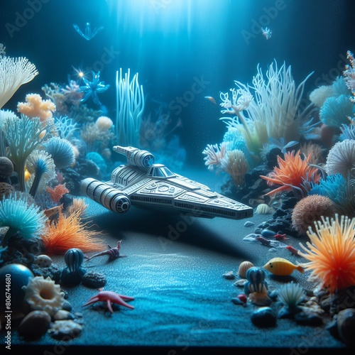  A miniature toy spaceship exploring an underwater kingdom, depi photo