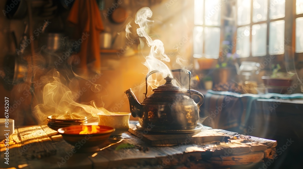 Simmering Chai Kettle in a Rustic Kitchen Echoing Traditional Culinary Culture Simmering Chai Kettle in a Rustic Kitchen Echoing Traditional Culinary Culture