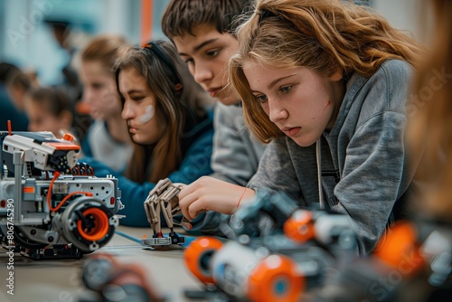 Students participating in a robotics club, building and testing robots photo