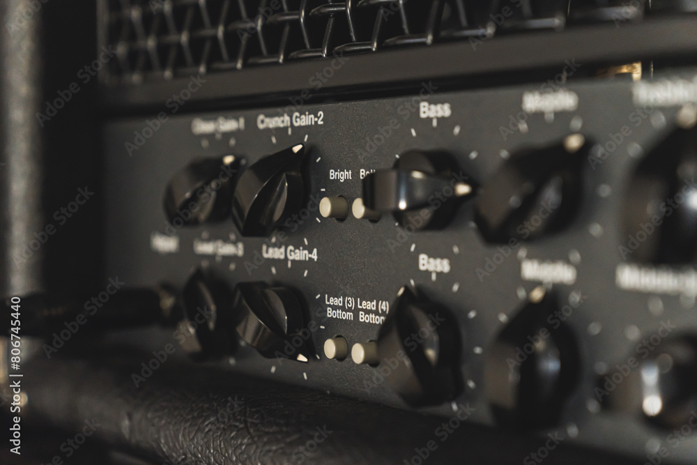 guitar amp knobs, Sound amplifier close-up, audio system. Sound concert equipment. High quality photo