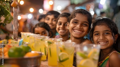 Community Gathering for a Refreshing Glass of Nimbu Pani at a Vibrant Neighborhood Lemonade Stand photo