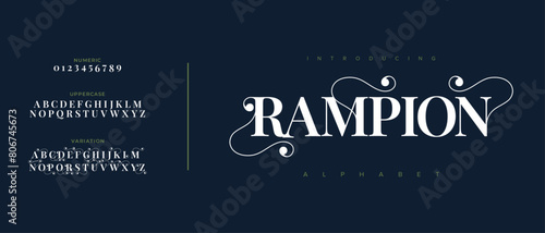 Rampion elegant font alphabet uppercase lowercase and number. Classic lettering minimal fashion designs. Typography modern serif fonts regular decorative vintage concept. Vector illustration photo