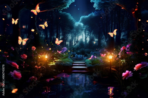 Fantasy garden at night with flying butterflies.