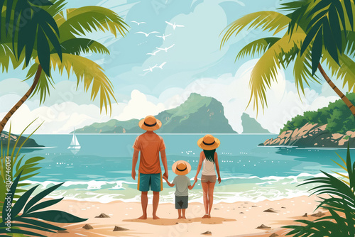 Man and woman with child standing on beach, family vacation flat illustration