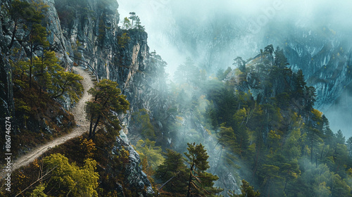 A mesmerizing view of a winding mountain trail disappearing into the misty distance, surrounded by dense forests and rocky cliffs, beckoning adventurous hikers to embark on a journey of discovery