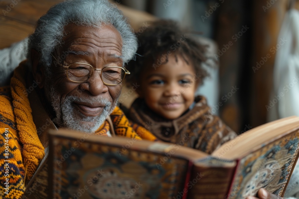 Happiness as a smiling boy's laughter fills the air while his grandpa reads tales books, enhanced by an artistic interplay of light and cinematic elements.