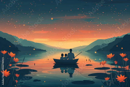 Father and children fishing in a boat on the lake at night, flat illustration