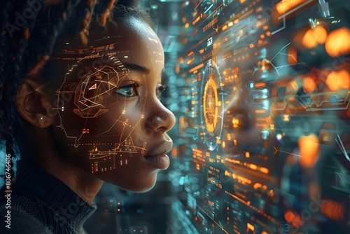 African American Woman Analyzing Futuristic Data in Captivating Digital Display