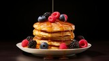 A mouth-watering stack of fluffy pancakes topped with vibrant berries and drizzled with golden syrup