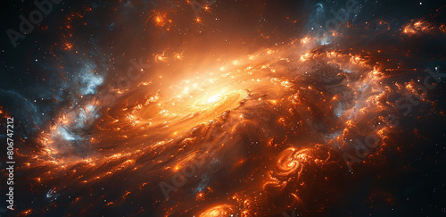A vibrant depiction of a galaxy with swirling orange and yellow hues, surrounded by stars and cosmic dust.
