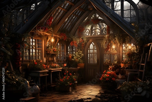 3d render of a gothic greenhouse at night with lights