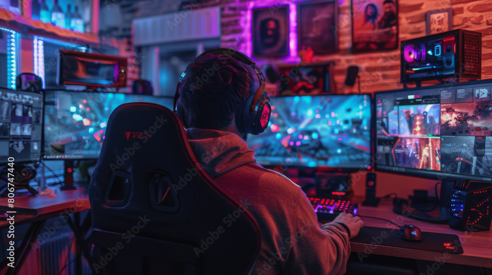 A male gamer focused intensely on multiple screens in a vibrant, neon-lit gaming room filled with tech gadgets.