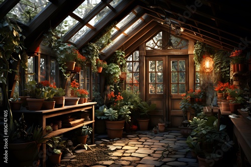 Greenhouse with flowers and plants in the garden. Panorama. © Michelle