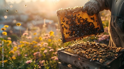 Experienced Beekeeper Lifts Honeycomb Frame from Rooftop Hive Surrounded by Blooming City Skyline photo