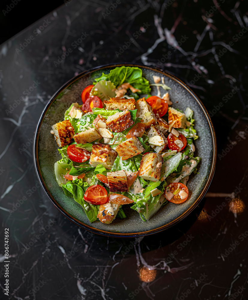 Gourmet chicken caesar salad on elegant table Gourmet chicken caesar salad on elegant table