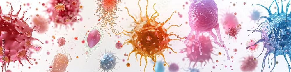 Colorful illustration of various virus particles in a dynamic, abstract style, representing different types of viruses in a vibrant, artistic depiction. Colorful illustration of various virus particles in a dynamic, abstract style, representing different types of viruses in a vibrant, artistic depiction.