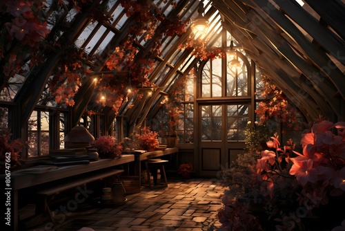 A panoramic shot of a garden with a wooden roof in autumn