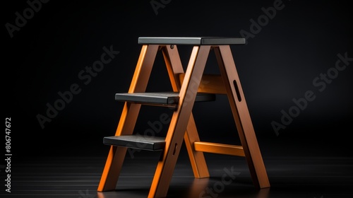 A wooden step stool stands on a black floor