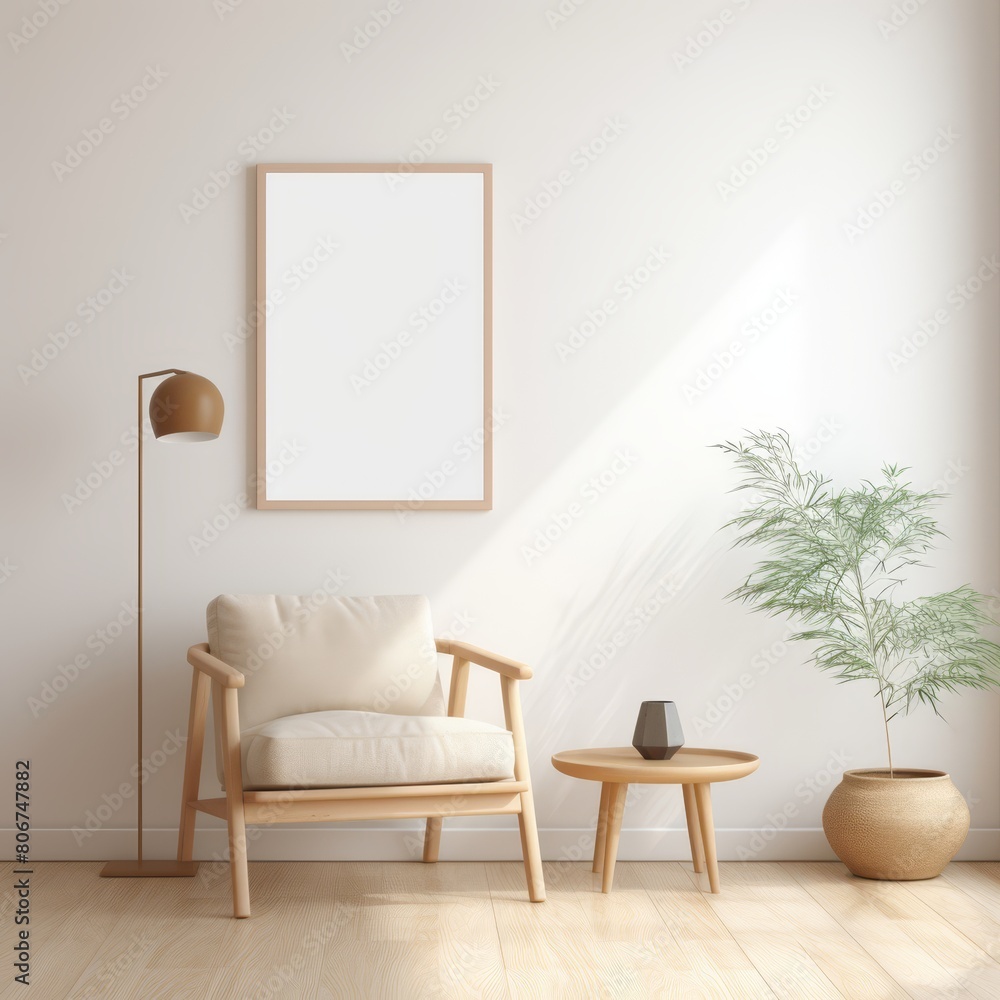 Simple frame mockup in a light and airy minimalist room, with a focus on neutral tones and natural light. Simple frame mockup in a light and airy minimalist room, with a focus on neutral tones and natural light.