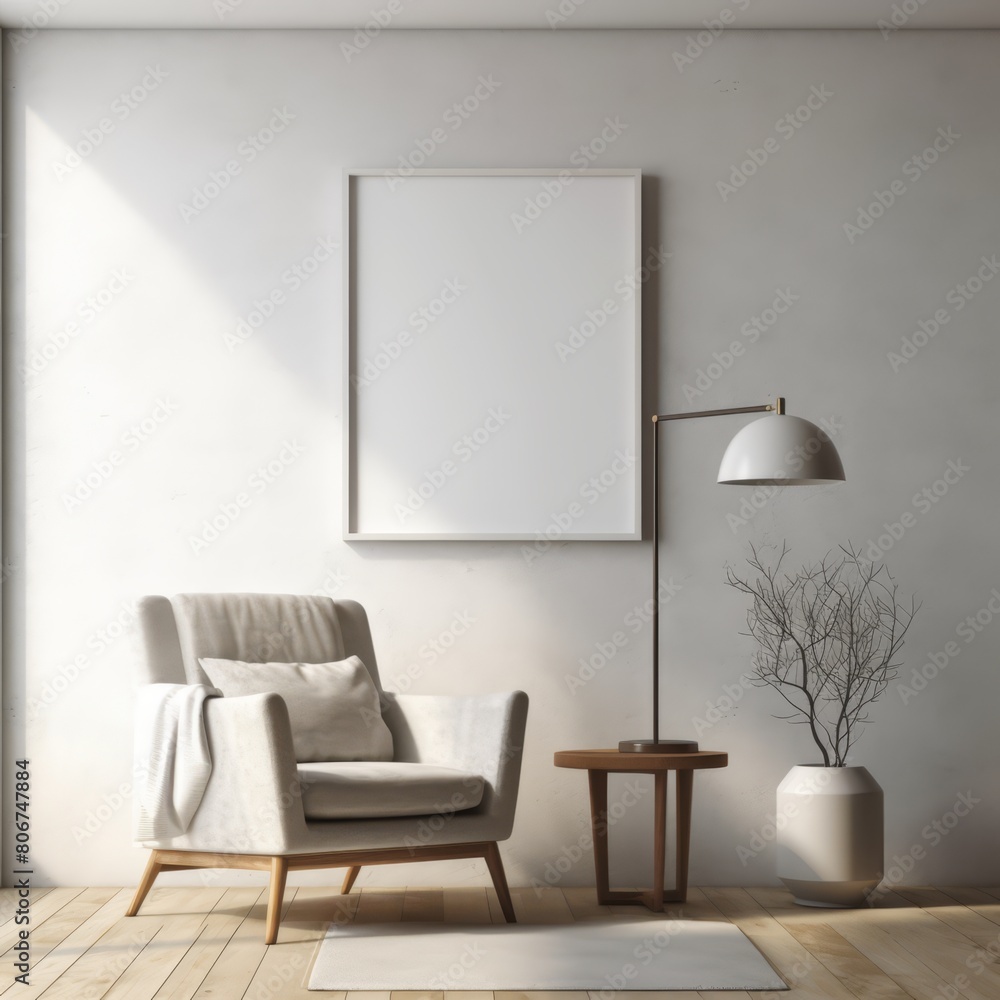 Minimalist interior featuring a large frame mockup on a textured light gray wall, enhanced by natural lighting. Minimalist interior featuring a large frame mockup on a textured light gray wall, enhanced by natural lighting.