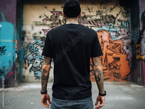 Streetwear style black t-shirt back view mockup, on a graffiti wall background, reflecting urban fashion,