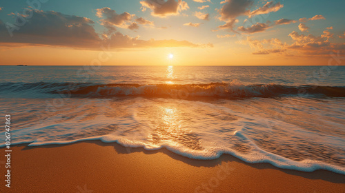 Beautiful sunset at the beach with golden sand and sparkling waves. The beautiful sky had colorful clouds as golden sun rays reflected on the water.