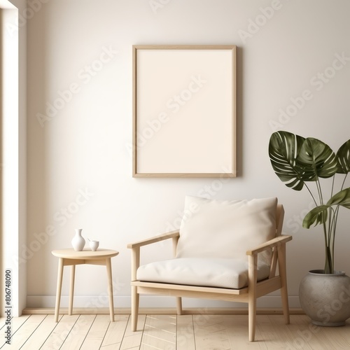 Light and airy minimalist interior with a frame mockup on a soft beige wall, near a pale wooden chair.