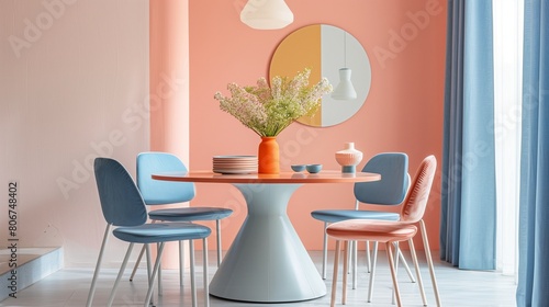 Sky blue dining chairs with peach cushions around a peach dining table. © Sana
