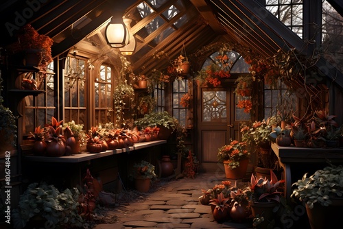 Autumn garden with pumpkins and flowers in the greenhouse. High quality photo photo