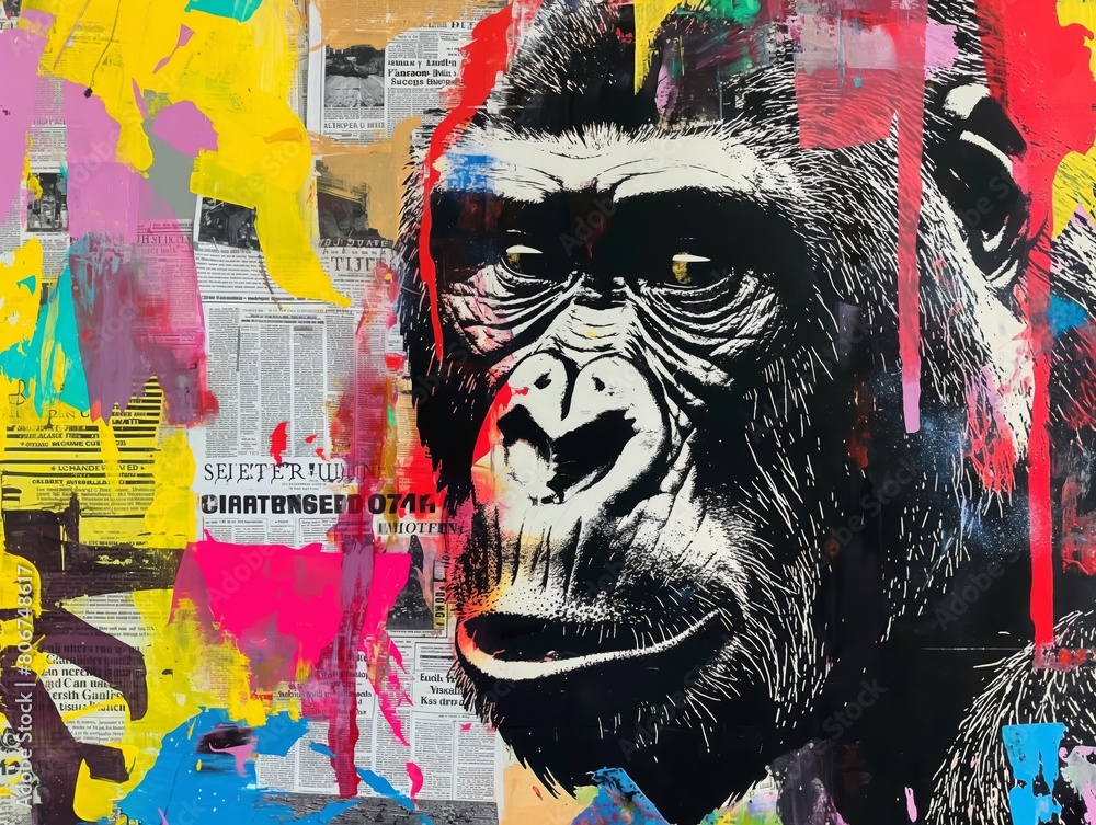 An abstract pop art canvas featuring a gorilla amid a chaotic backdrop of graffiti tags and splattered paint. AI generated An abstract pop art canvas featuring a gorilla amid a chaotic backdrop of graffiti tags and splattered paint. AI generated
