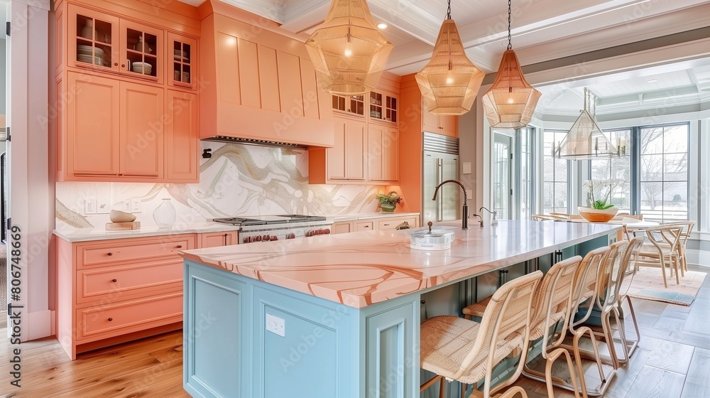 Sky blue kitchen island with peach cabinets and peach pendant lights.