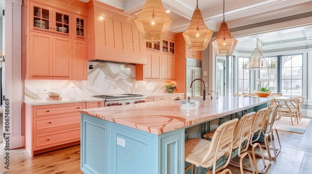 Sky blue kitchen island with peach cabinets and peach pendant lights. Sky blue kitchen island with peach cabinets and peach pendant lights.