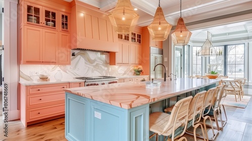 Sky blue kitchen island with peach cabinets and peach pendant lights.