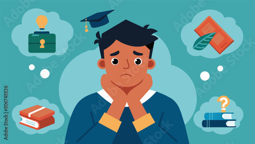 A young adult reluctantly postpones their dream of attending college due to the heavy burden of student loans without any family support.. Vector illustration