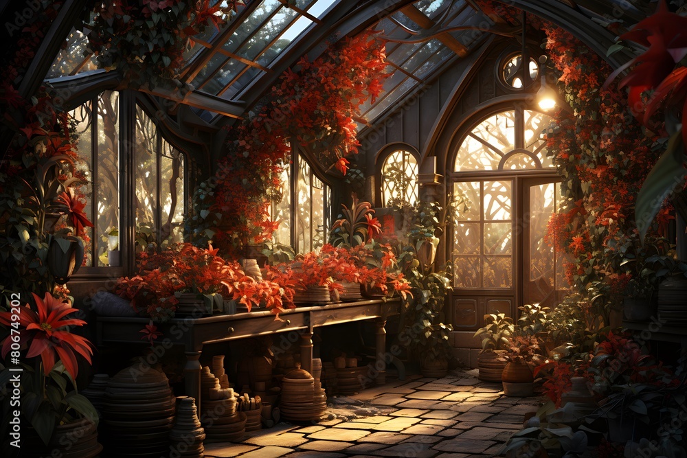3d render of a beautiful greenhouse with plants and flowers in autumn