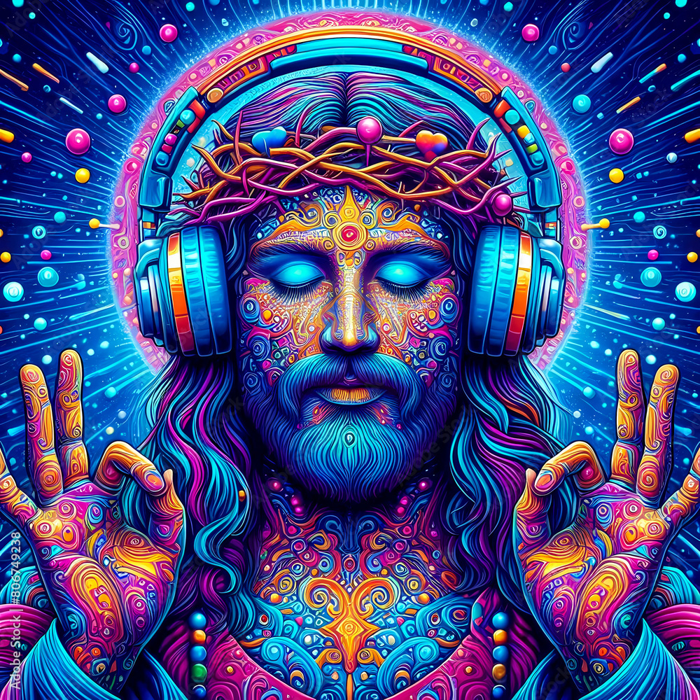 Digital art vibrant colorful psychedelic jesus with headphones vibin to music