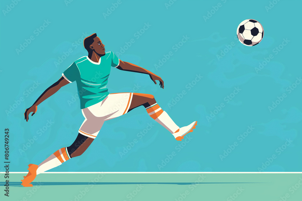 Fototapeta premium Digital art flat illustration of soccer players in action with the ball. Player run and hit the ball