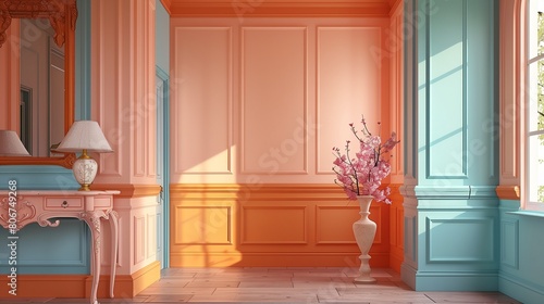 Sky blue walls with peach wainscoting and peach ceiling with sky blue crown molding.