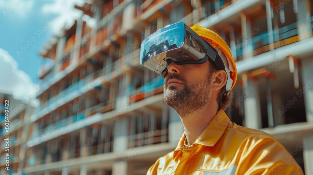 An architect with augmented reality glasses, collaborating with clients to visualize design concepts within the context of a construction site. An architect with augmented reality glasses, collaborating with clients to visualize design concepts within the context of a construction site.
